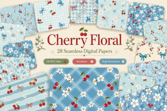 Download Cherry Floral Seamless Pattern Set - Cherry Collection