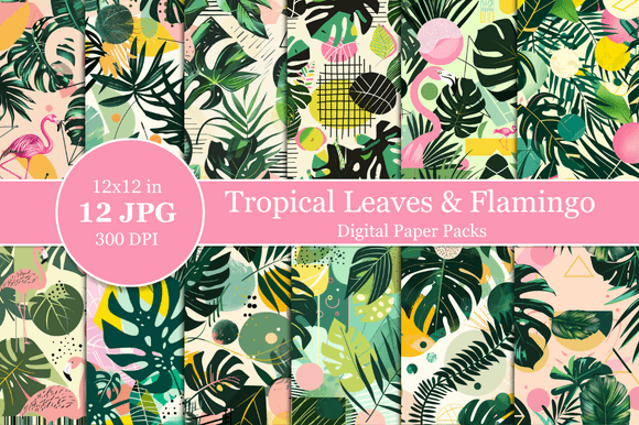 Download Tropical Leaves &amp; Flamingo Digital Paper - Tropical Collection