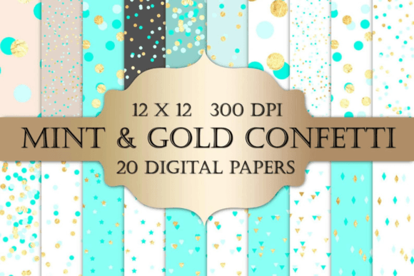 Download Gold Foil &amp; Mint Confetti Digital Paper - Paper Collection